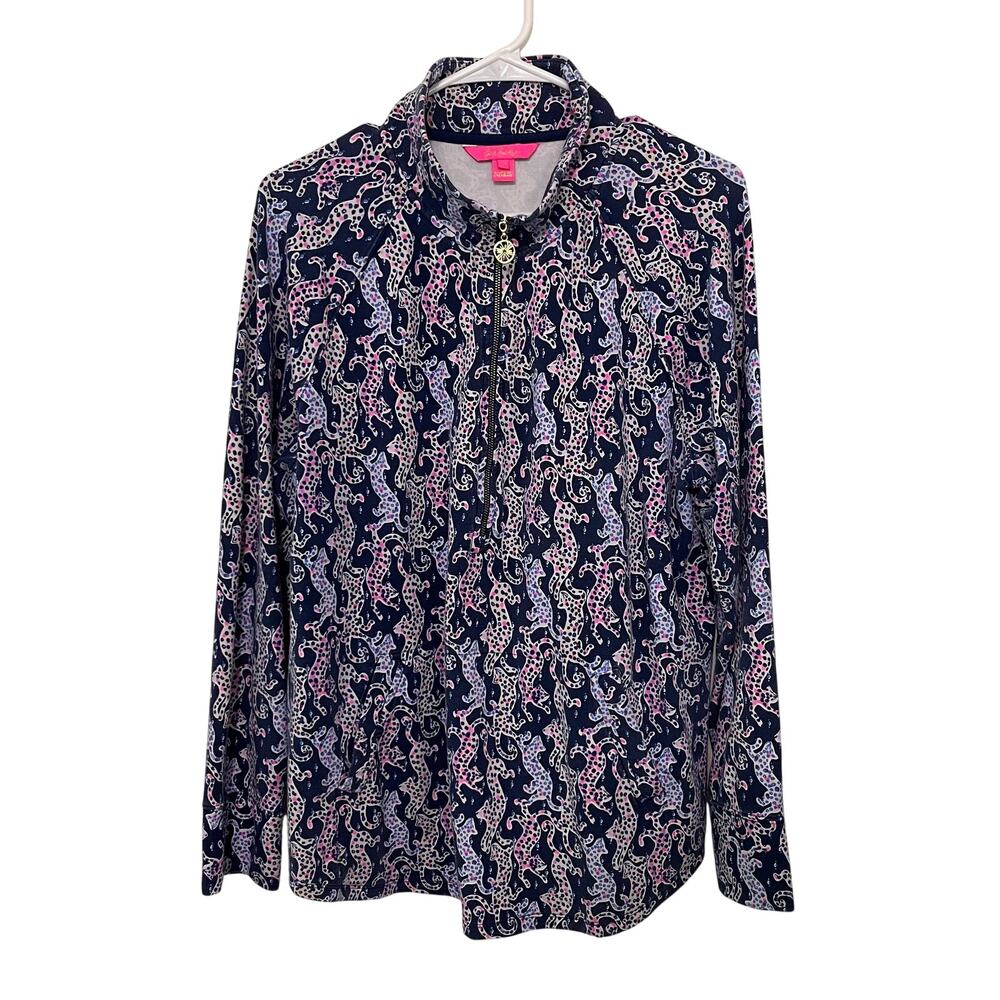 Lilly Pulitzer Skipper Popover XL Blue Pink Leopard Animal 1/4 Zip Sweatshirt